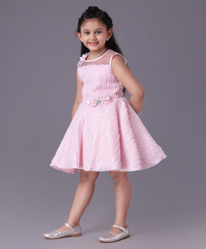Enfance Sleeveless Mesh Yoke Fur Flared Party Wear -Pink
