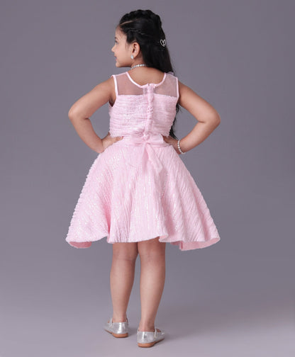 Enfance Sleeveless Mesh Yoke Fur Flared Party Wear -Pink