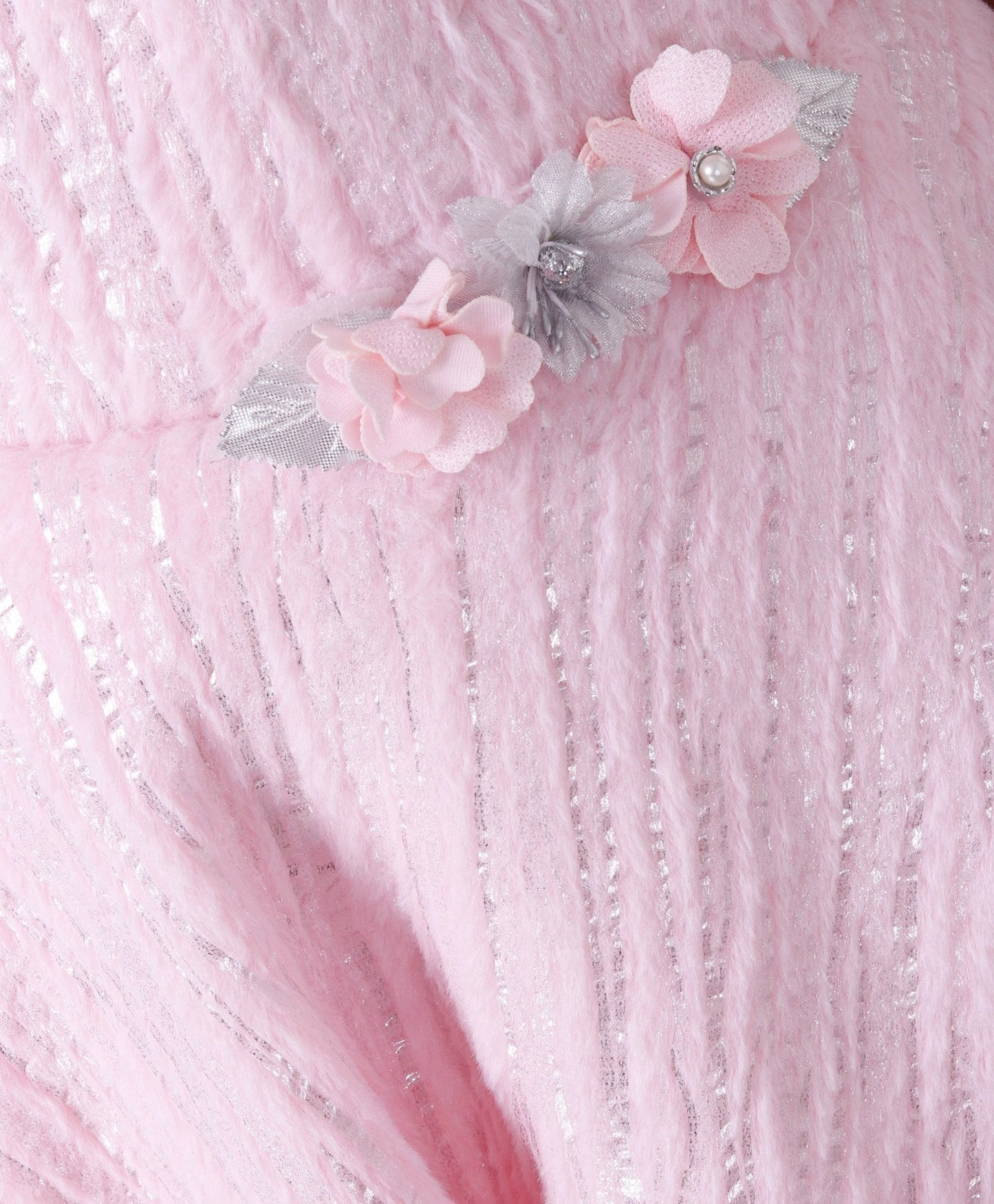 Enfance Sleeveless Mesh Yoke Fur Flared Party Wear -Pink