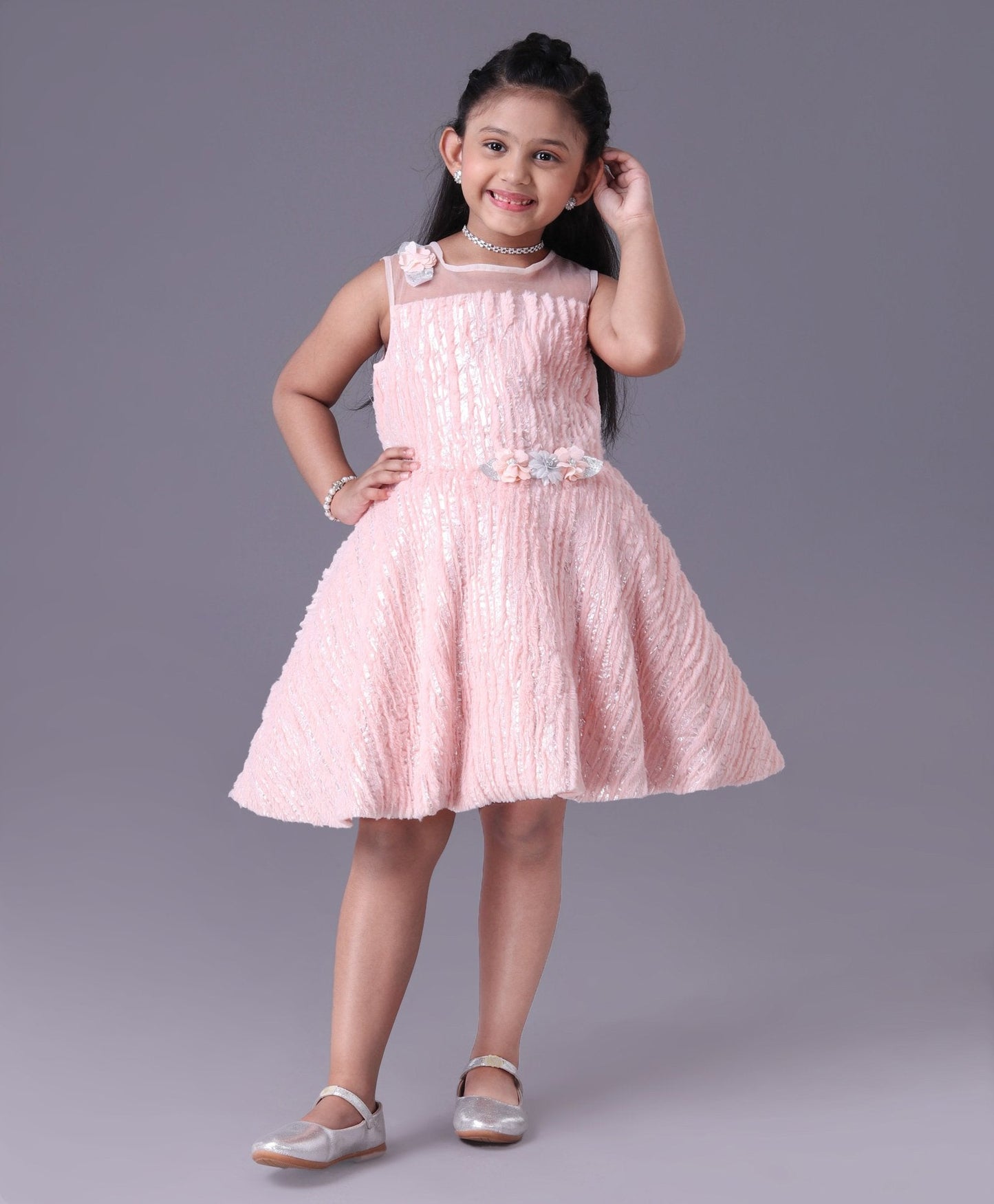 Enfance Sleeveless Mesh Yoke Fur Flared Party Wear -Peach