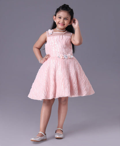 Enfance Sleeveless Mesh Yoke Fur Flared Party Wear -Peach