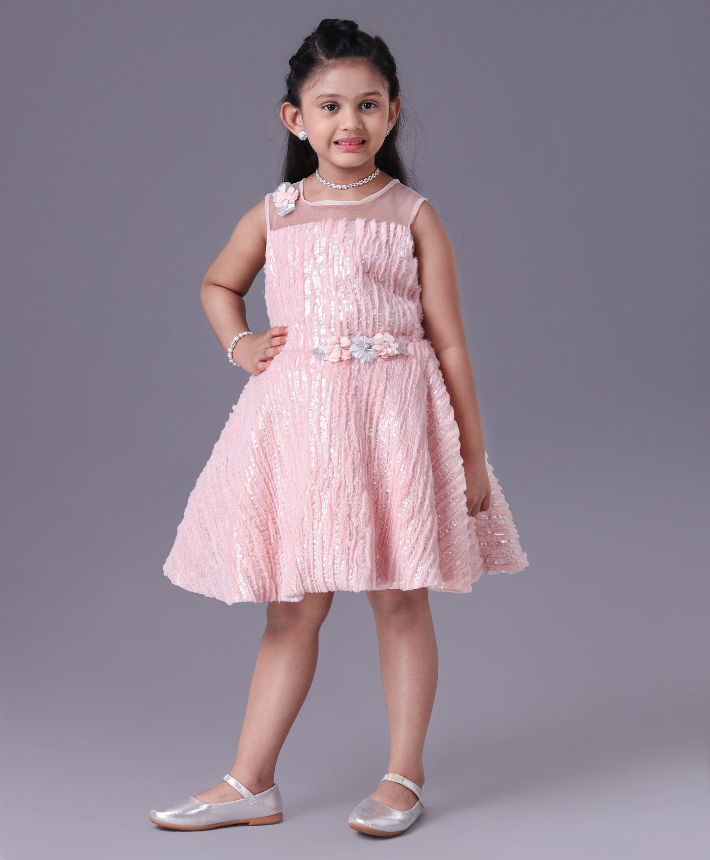Enfance Sleeveless Mesh Yoke Fur Flared Party Wear -Peach