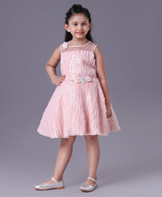 Enfance Sleeveless Mesh Yoke Fur Flared Party Wear -Peach