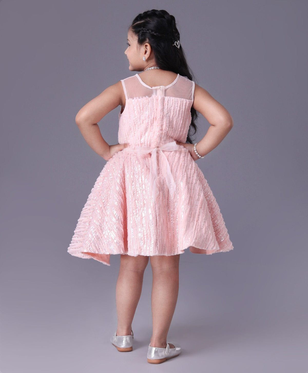 Enfance Sleeveless Mesh Yoke Fur Flared Party Wear -Peach