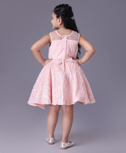 Enfance Sleeveless Mesh Yoke Fur Flared Party Wear -Peach