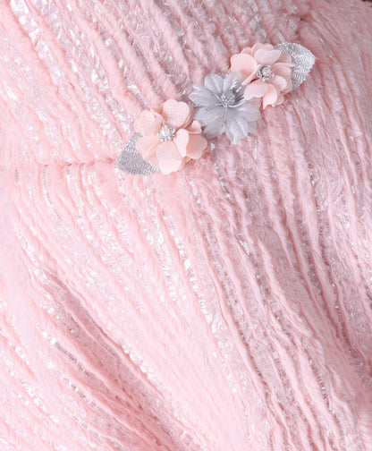 Enfance Sleeveless Mesh Yoke Fur Flared Party Wear -Peach