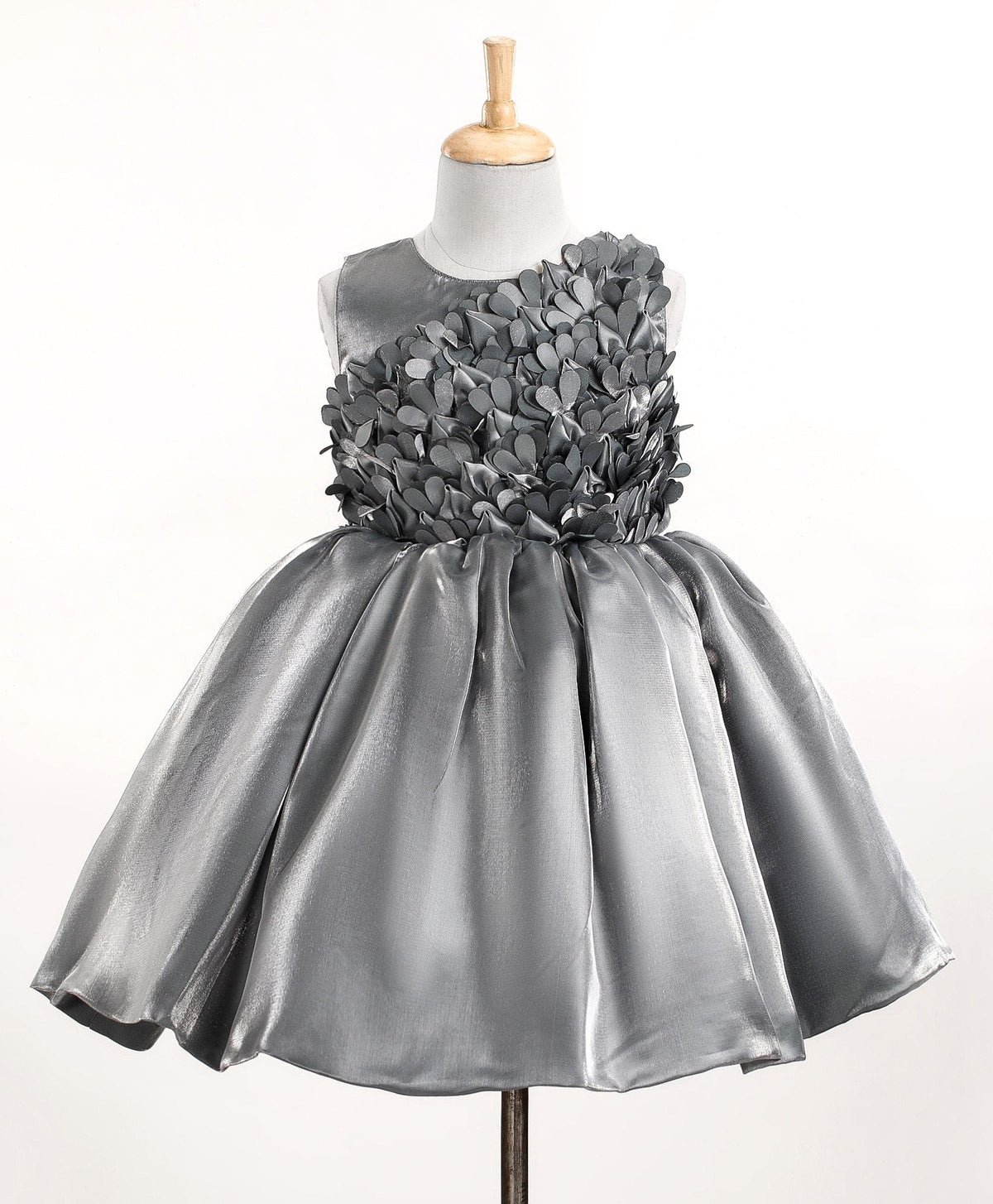 Enfance Sleeveless Frill Detailed & Gathered Bodice Designed Fit & Flare Embellished Dress-Grey