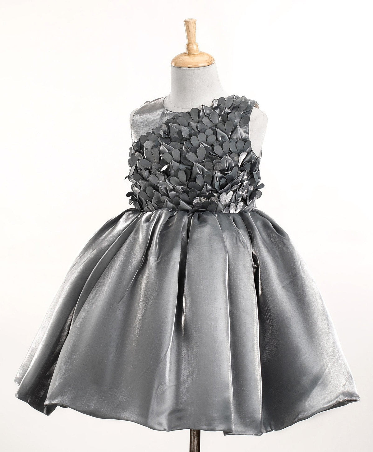 Enfance Sleeveless Frill Detailed & Gathered Bodice Designed Fit & Flare Embellished Dress-Grey