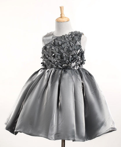 Enfance Sleeveless Frill Detailed & Gathered Bodice Designed Fit & Flare Embellished Dress-Grey