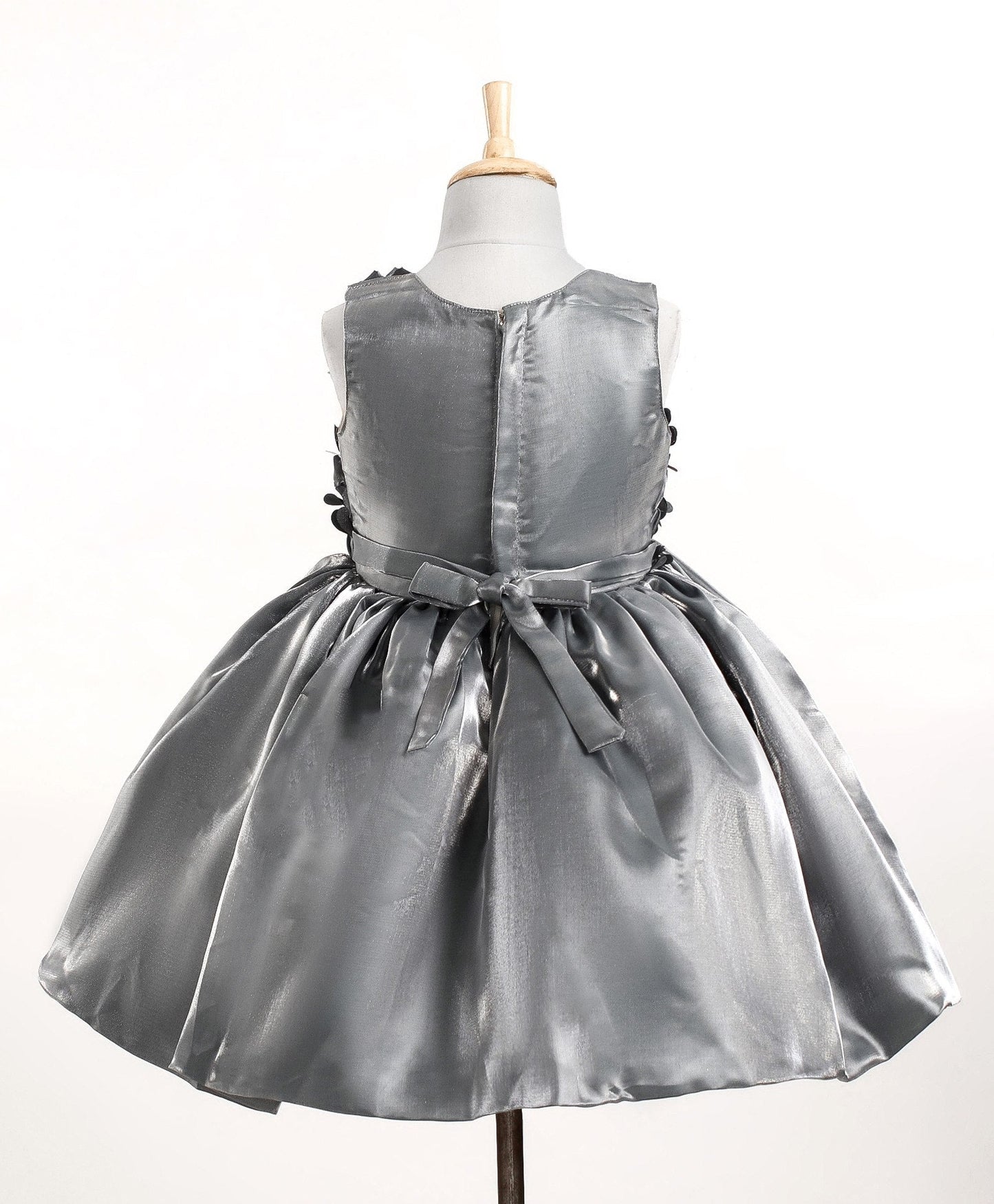 Enfance Sleeveless Frill Detailed & Gathered Bodice Designed Fit & Flare Embellished Dress-Grey