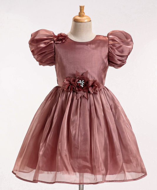 Enfance Sleeveless Flower Applique Solid Dress -Coffee