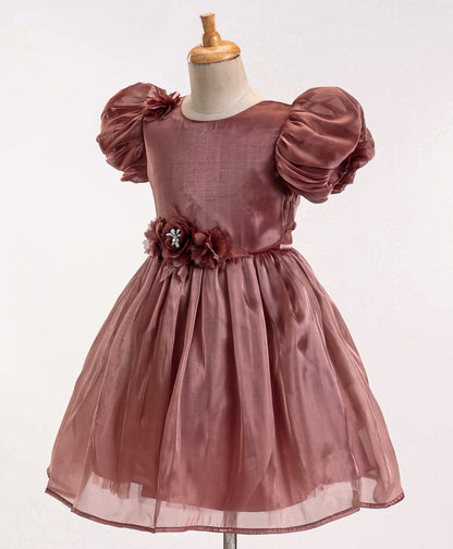 Enfance Sleeveless Flower Applique Solid Dress -Coffee