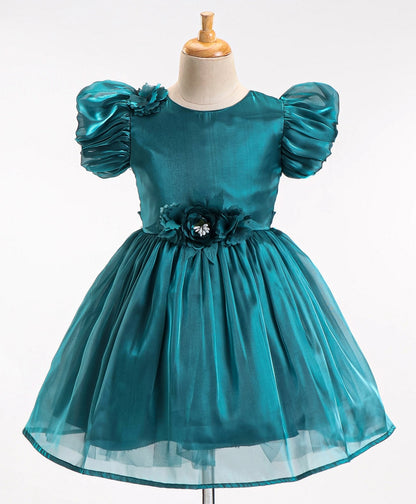 Enfance Sleeveless Flower Applique Solid Dress -Green