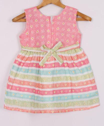 Enfance Sleeveless Multi Color Strip With Floral Printed Casual Dress - S.Green