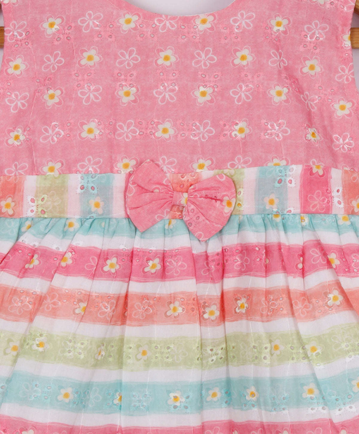Enfance Sleeveless Multi Color Strip With Floral Printed Casual Dress - S.Green