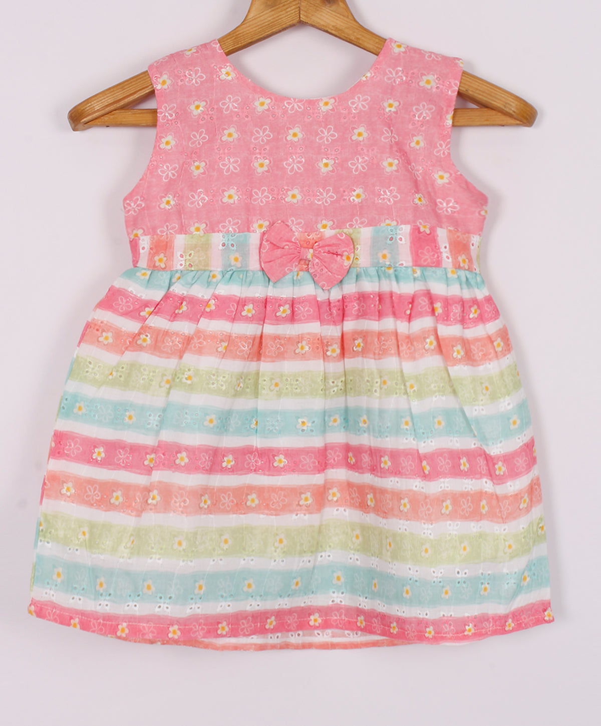 Enfance Sleeveless Multi Color Strip With Floral Printed Casual Dress - S.Green