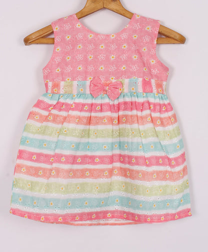 Enfance Sleeveless Multi Color Strip With Floral Printed Casual Dress - S.Green