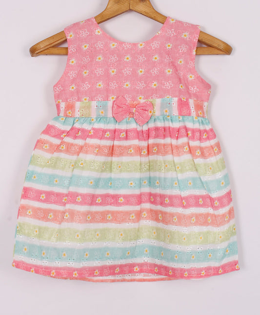 Enfance Sleeveless Multi Color Strip With Floral Printed Casual Dress - S.Green