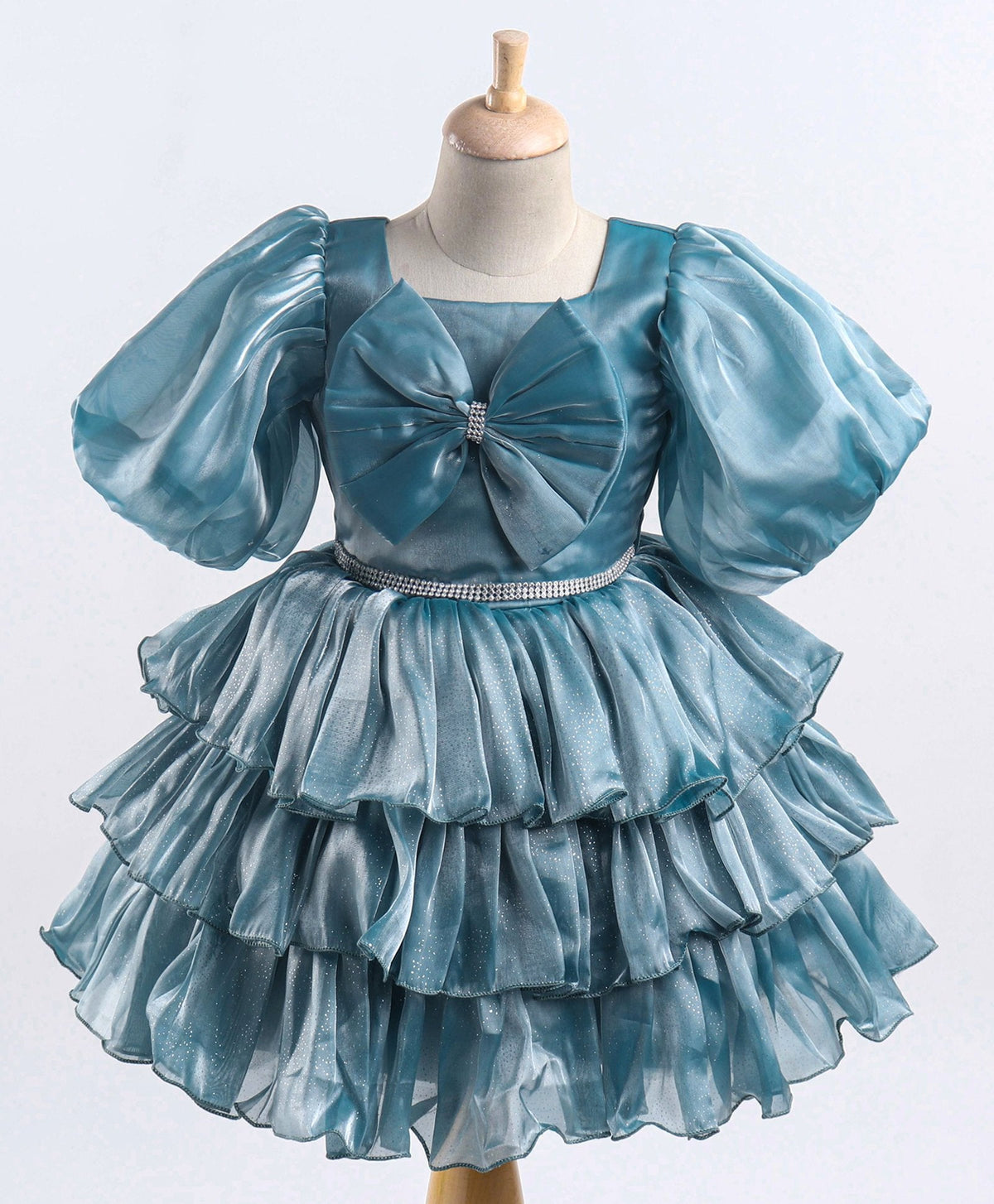 Enfance Balloon Sleeves Bow Applique Dress-T.Blue