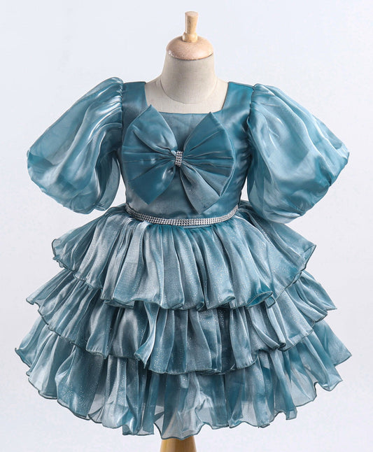 Enfance Balloon Sleeves Bow Applique Dress-T.Blue