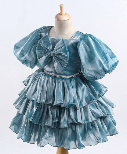Enfance Balloon Sleeves Bow Applique Dress-T.Blue
