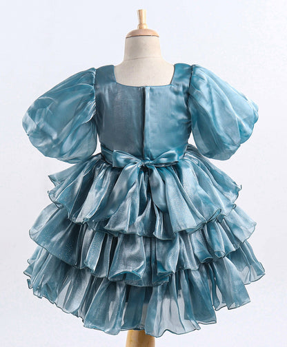 Enfance Balloon Sleeves Bow Applique Dress-T.Blue