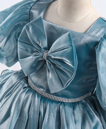 Enfance Balloon Sleeves Bow Applique Dress-T.Blue