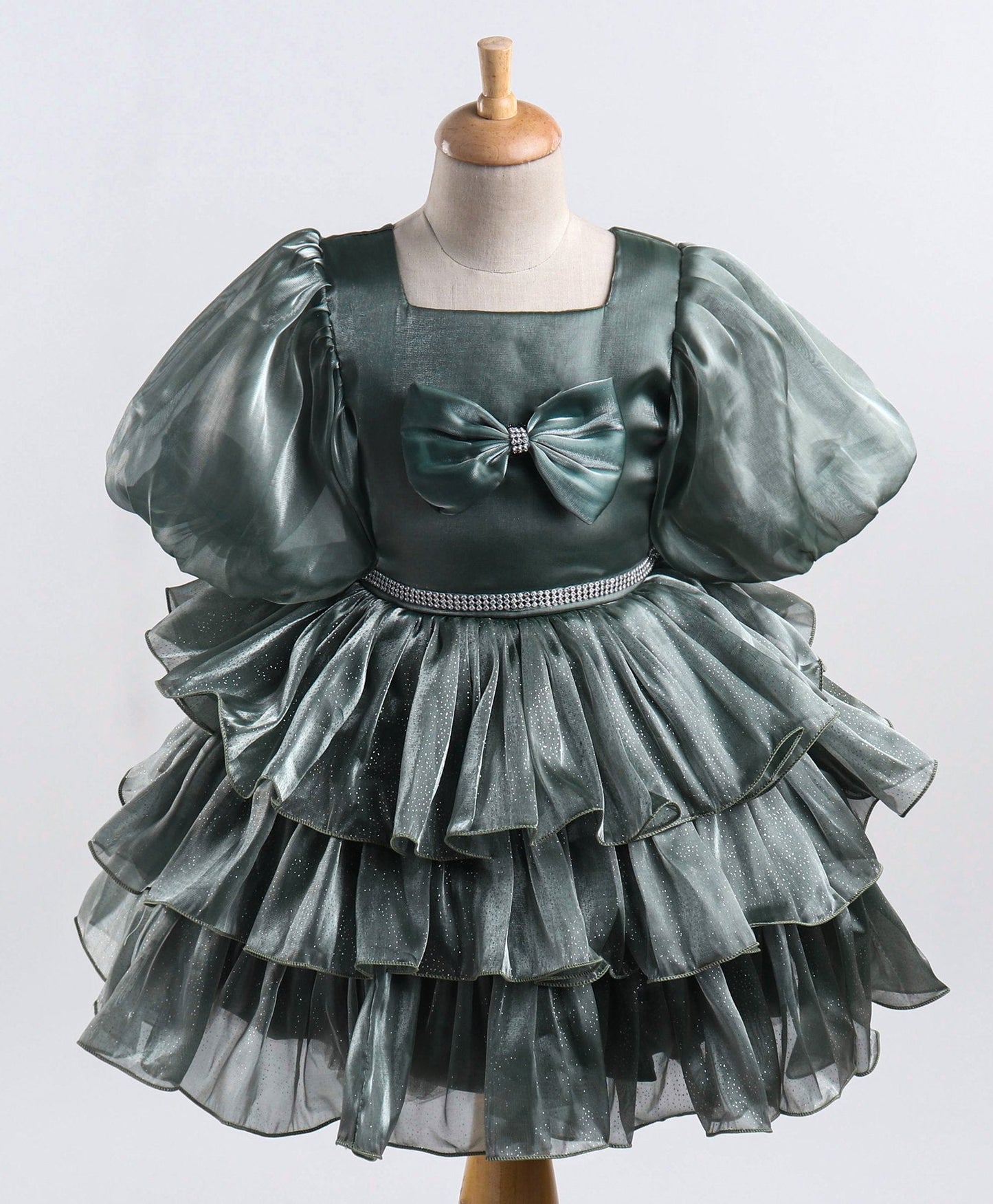 Enfance Balloon Sleeves Bow Applique Dress-Olive Green