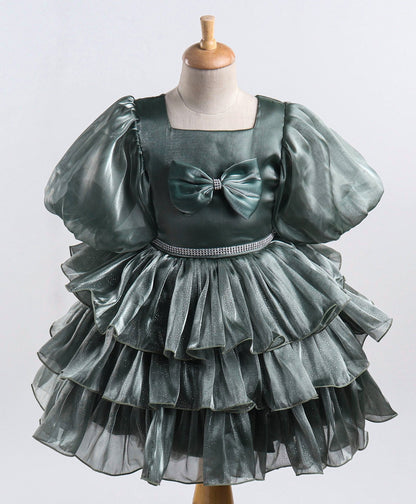 Enfance Balloon Sleeves Bow Applique Dress-Olive Green