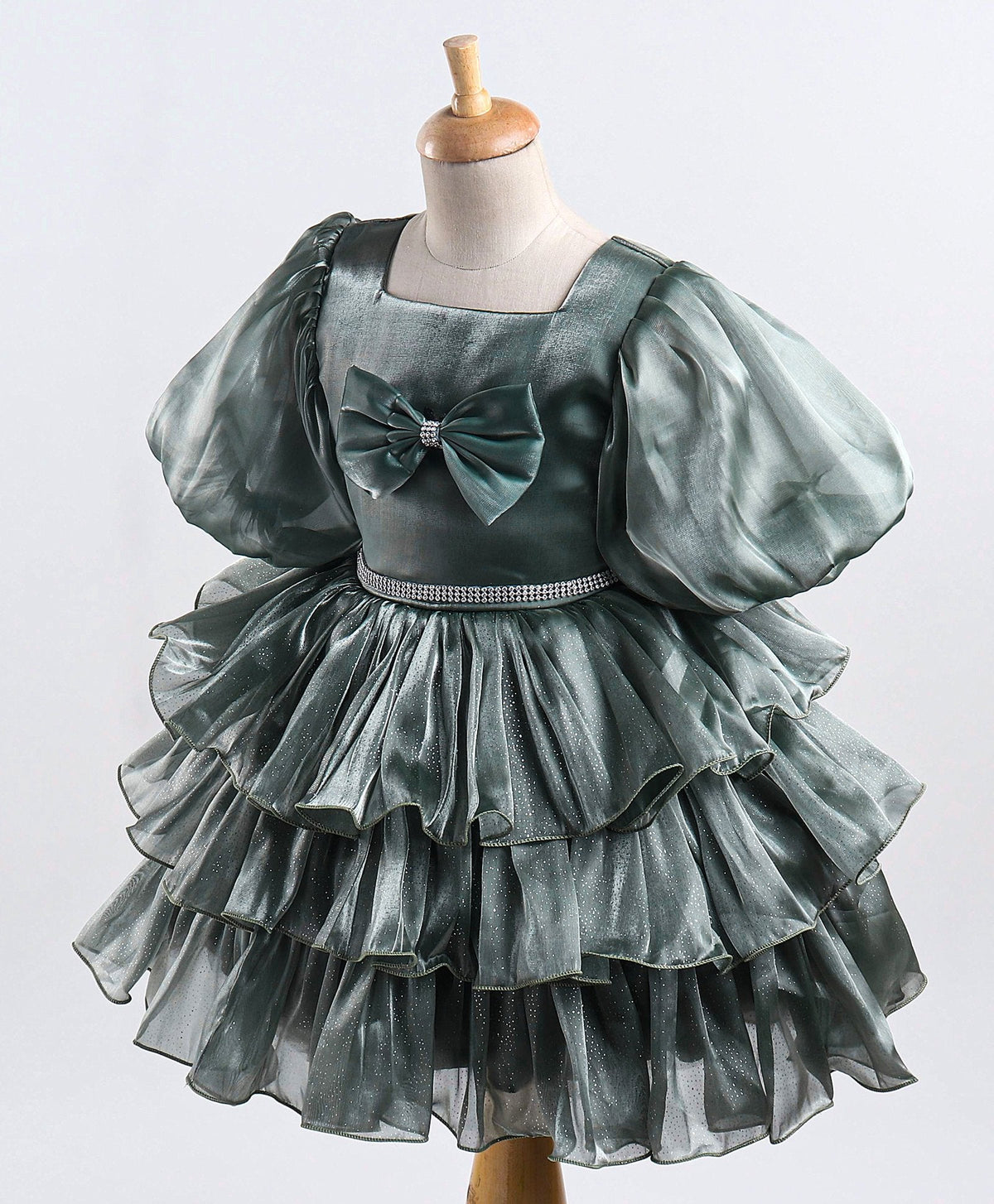 Enfance Balloon Sleeves Bow Applique Dress-Olive Green