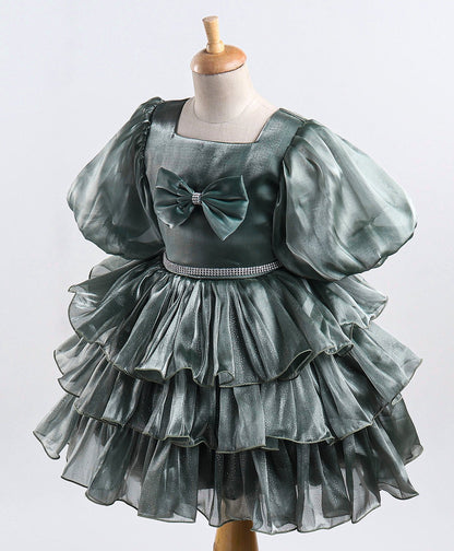 Enfance Balloon Sleeves Bow Applique Dress-Olive Green