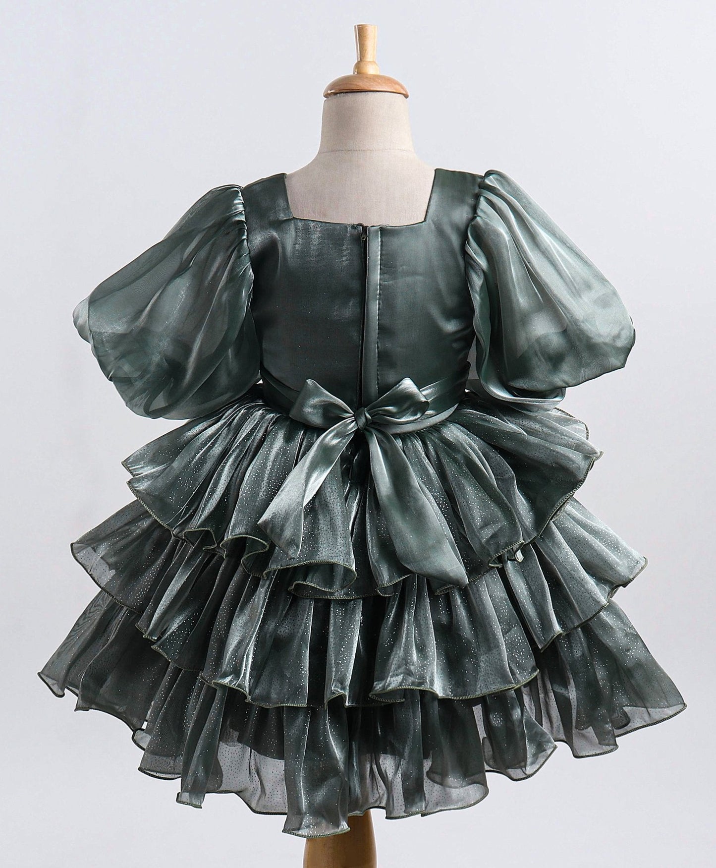Enfance Balloon Sleeves Bow Applique Dress-Olive Green