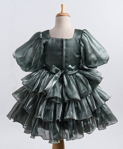 Enfance Balloon Sleeves Bow Applique Dress-Olive Green