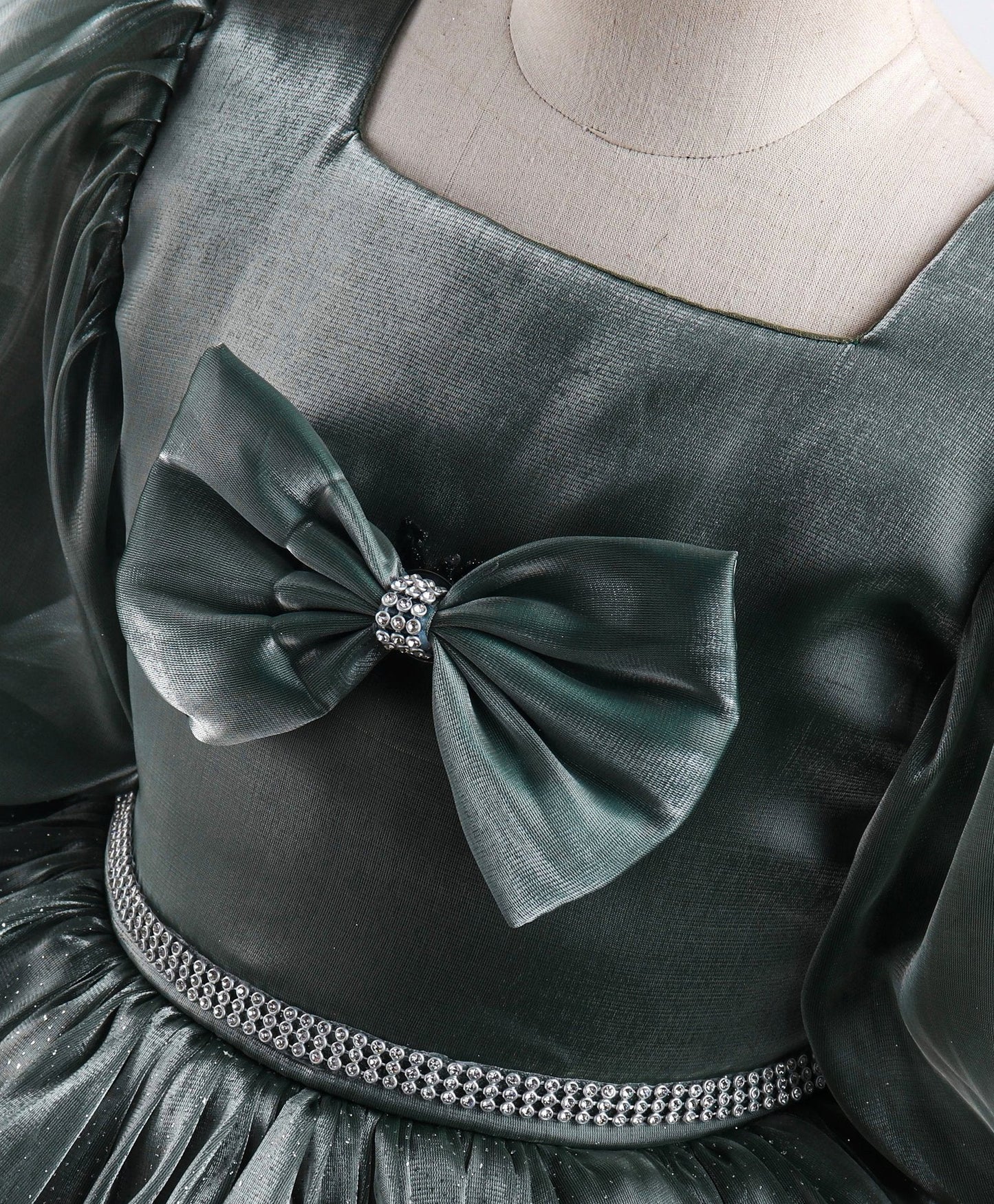 Enfance Balloon Sleeves Bow Applique Dress-Olive Green