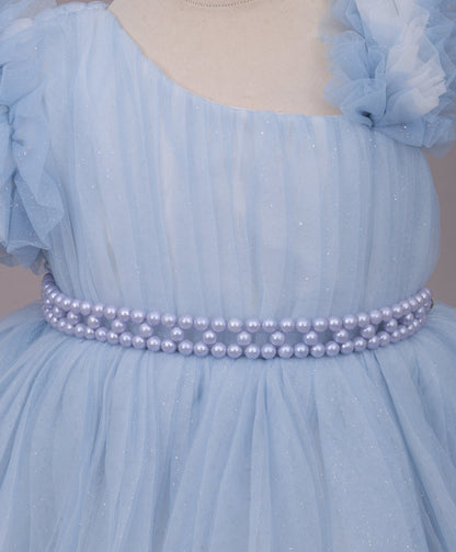 Enfance One Shoulder Floral Applique & Beads Embellished Net Dress - Grey