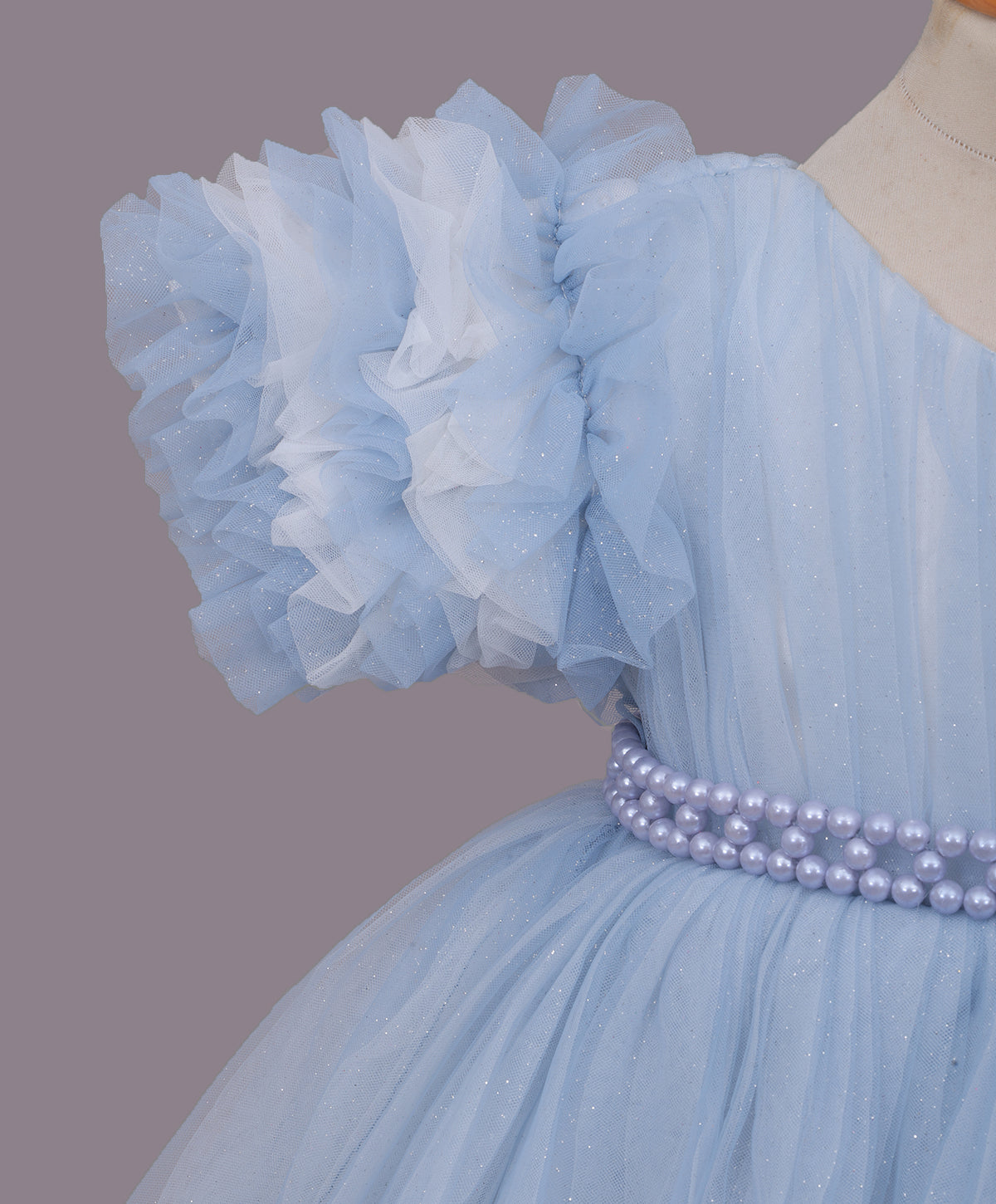 Enfance One Shoulder Floral Applique & Beads Embellished Net Dress - Grey