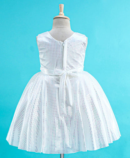 Enfance Sleeveless Mesh Yoke Dress With Flower Applique-White