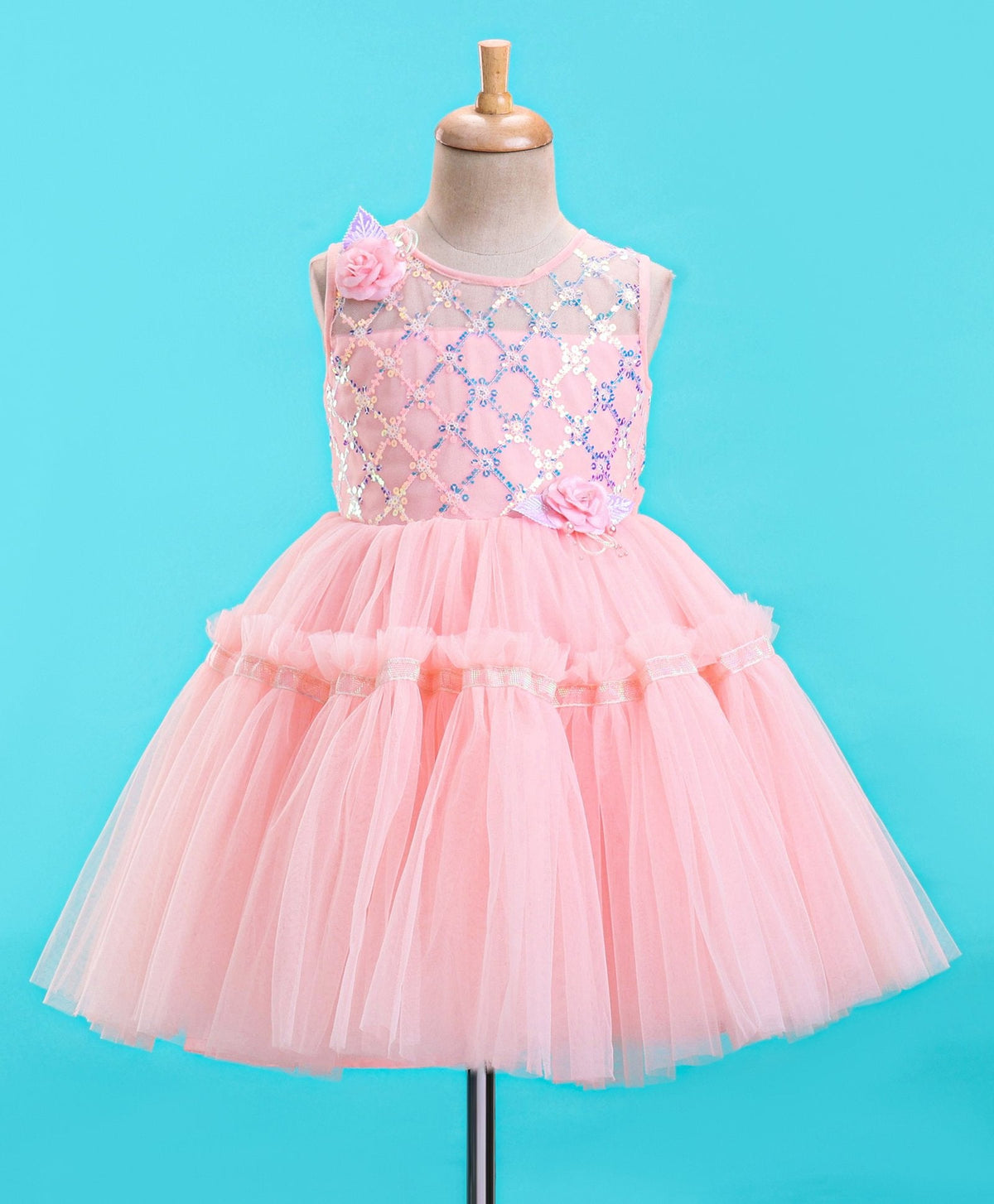 Enfance Sleeveless Mesh Yoke Dress With Flower Applique-Peach