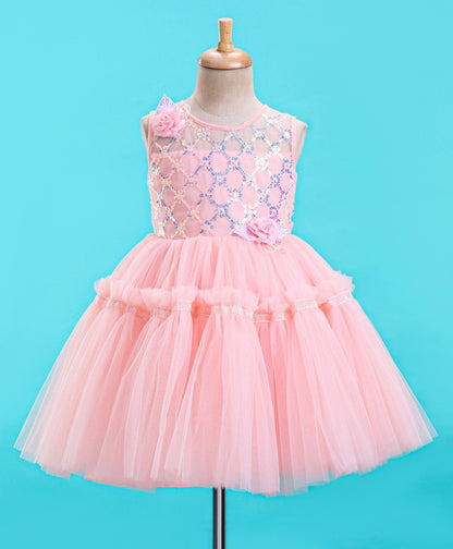 Enfance Sleeveless Mesh Yoke Dress With Flower Applique-Peach