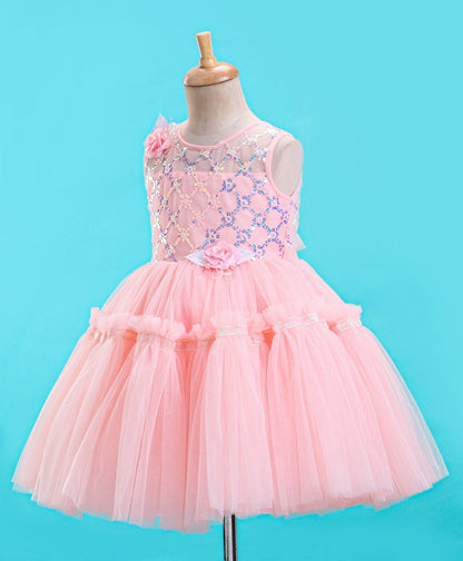 Enfance Sleeveless Mesh Yoke Dress With Flower Applique-Peach