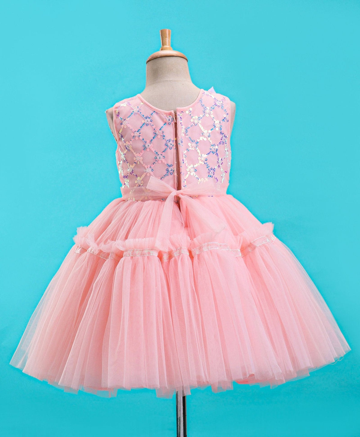 Enfance Sleeveless Mesh Yoke Dress With Flower Applique-Peach