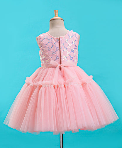 Enfance Sleeveless Mesh Yoke Dress With Flower Applique-Peach