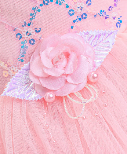 Enfance Sleeveless Mesh Yoke Dress With Flower Applique-Peach