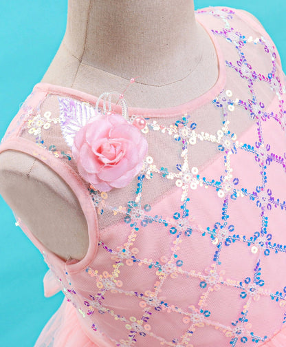 Enfance Sleeveless Mesh Yoke Dress With Flower Applique-Peach