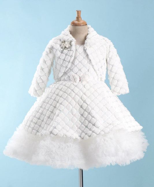 Enfance Sleeveless Flower Applique Solid Dress With Jacket-White