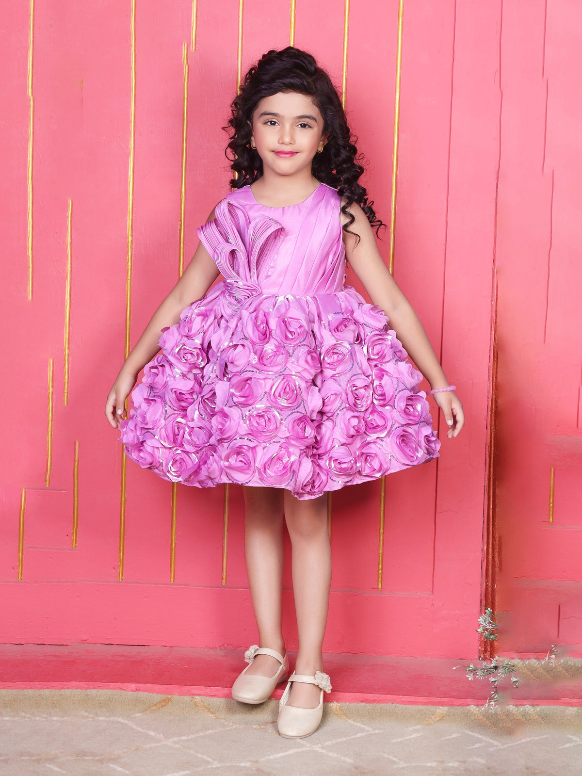 Enfance Sleeveless Floral Detailed Flare Net Party Dress - Pink