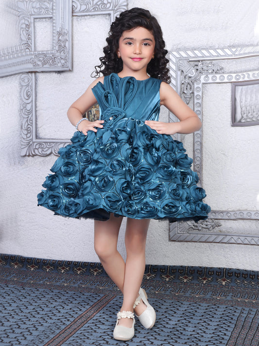 Enfance Sleeveless Floral Detailed Flare Net Party Dress - Rama Green