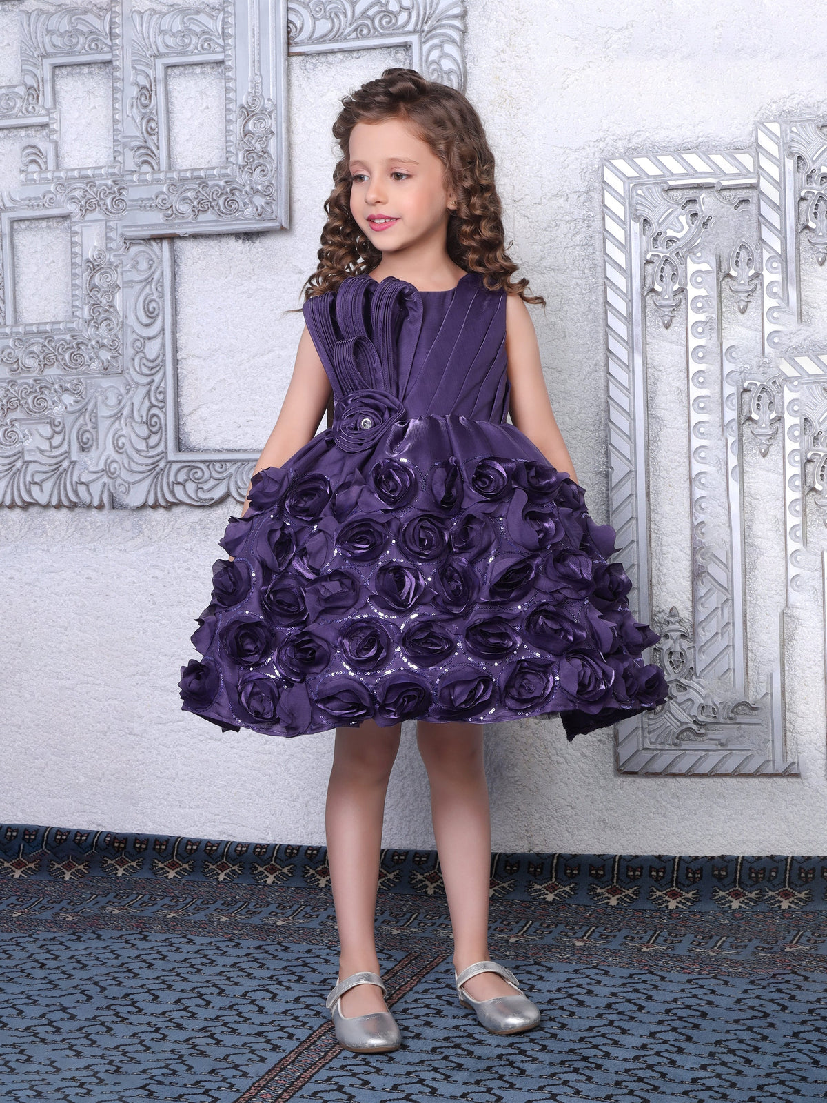 Enfance Sleeveless Floral Detailed Flare Net Party Dress - Purple