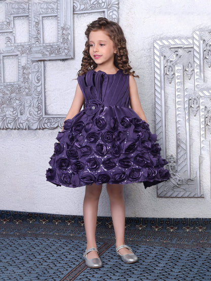 Enfance Sleeveless Floral Detailed Flare Net Party Dress - Purple