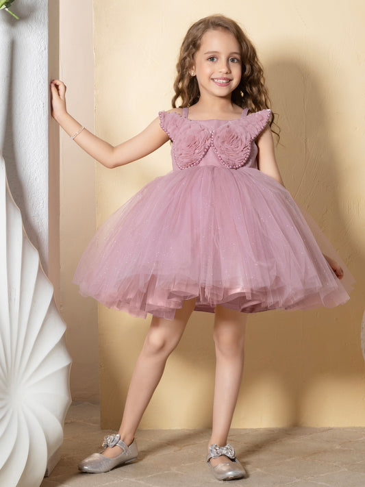 Enfance Sleeveless Butterfly Applique Detailed Shimmer Embellished Dress - Coffee